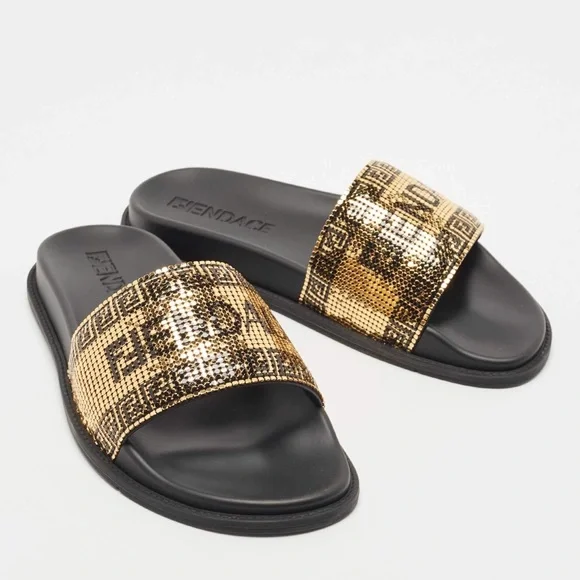 Fendi x Versace Gold Metal and Leather Flat Slides - Picture 3 of 6